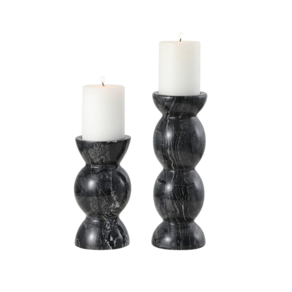 Deep Black Marble Architectural Candle Holder Set of 2