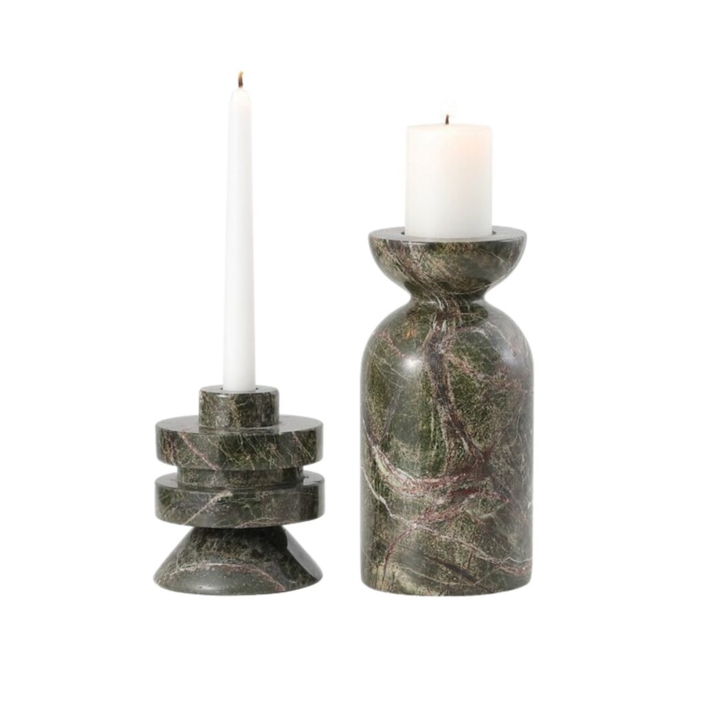 Green Marble Tall Carved Candle Holder Set of 2