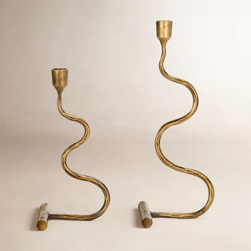 Gold Metal Rippled Distressed Candle Holder Set of 2