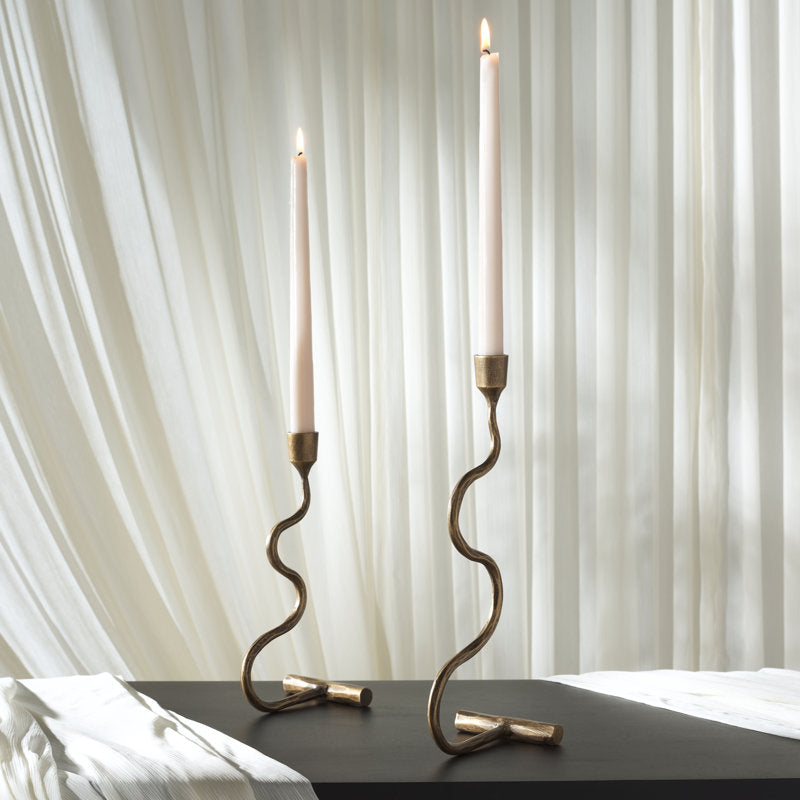 Gold Metal Rippled Distressed Candle Holder Set of 2