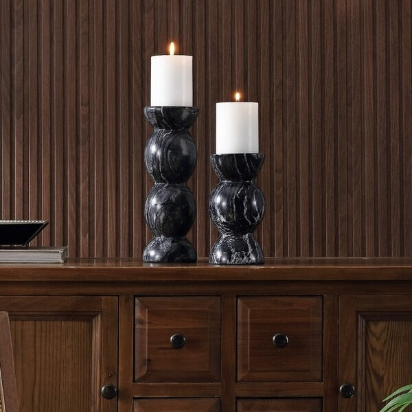 Deep Black Marble Architectural Candle Holder Set of 2