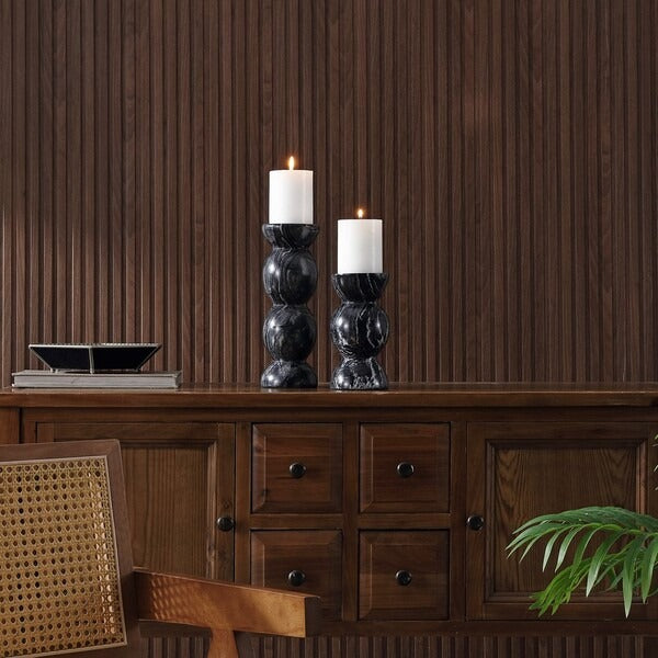 Deep Black Marble Architectural Candle Holder Set of 2
