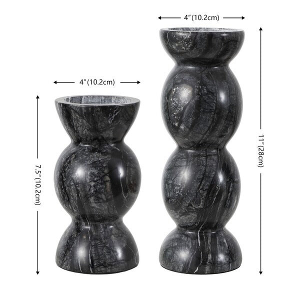 Deep Black Marble Architectural Candle Holder Set of 2